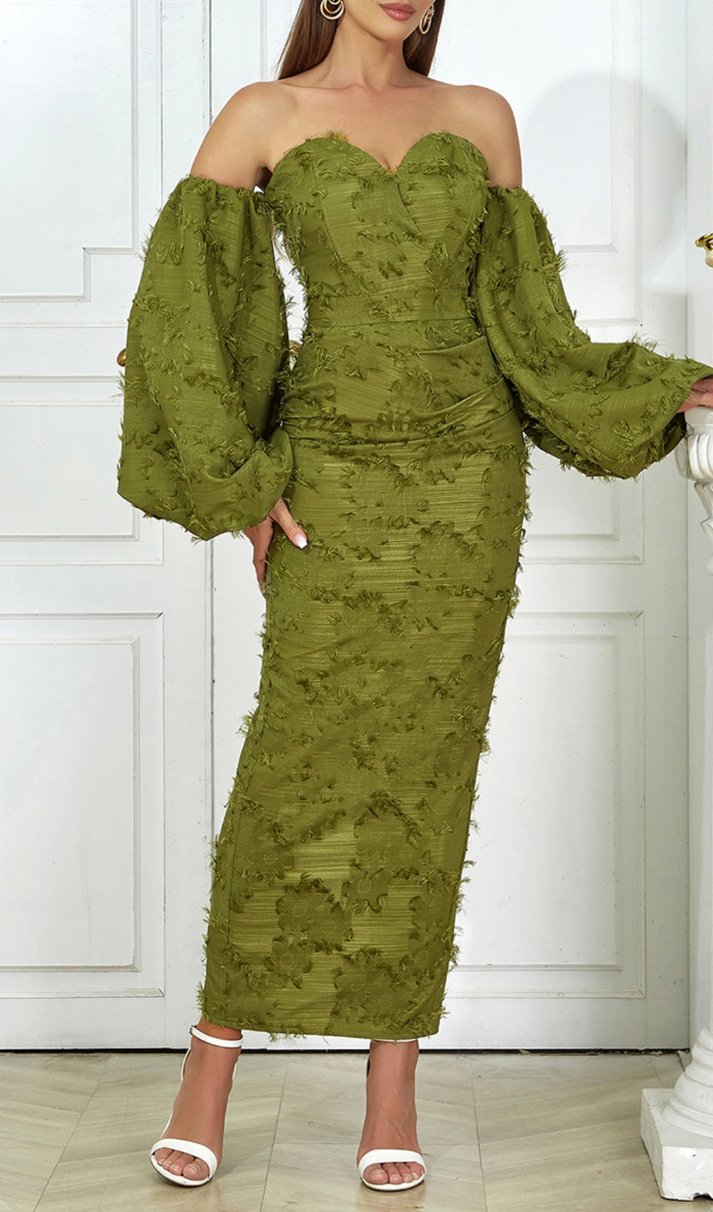 Green Puff Sleeve Tight Split Dress