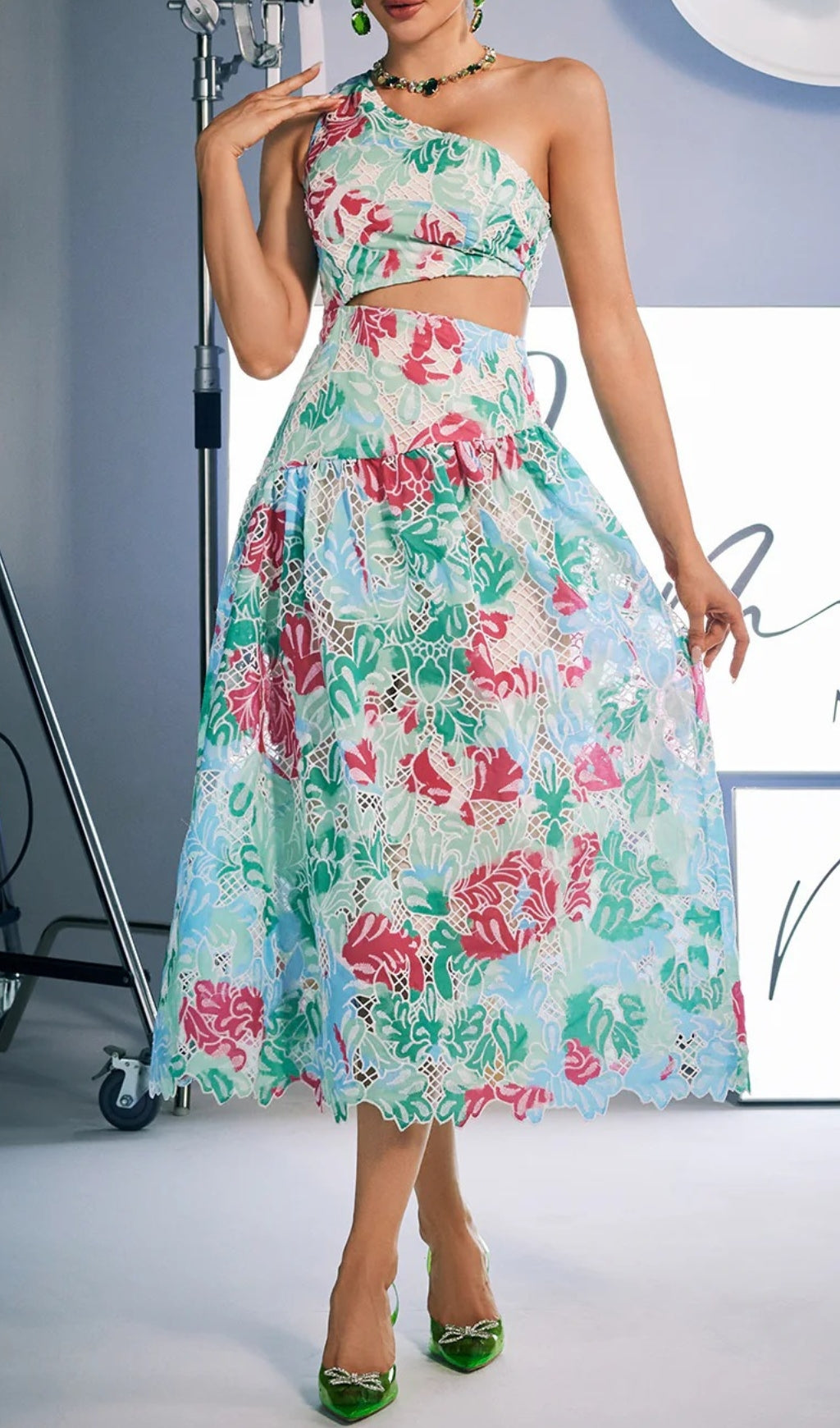 Azha One Shoulder Print Embroidered Dress