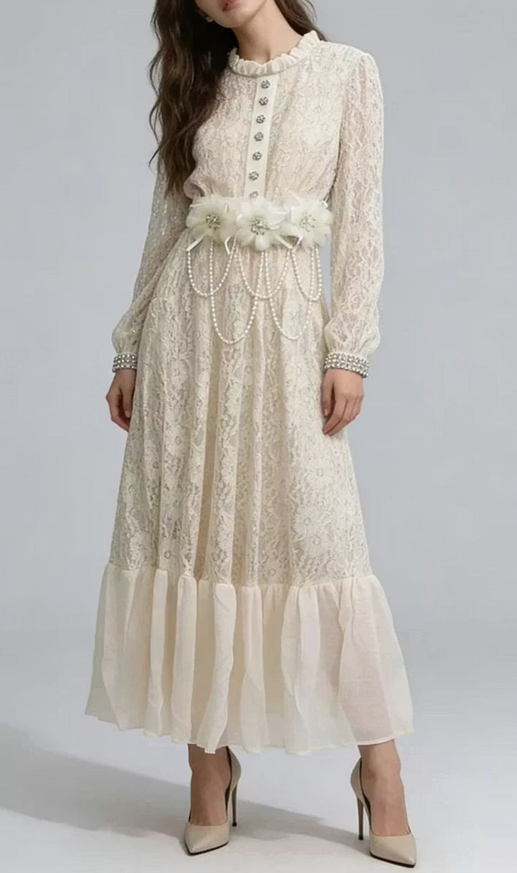 Elegant Ivory White Lace Maxi Dress: 3D Floral, Pearl Cascade & Ruffle Hem