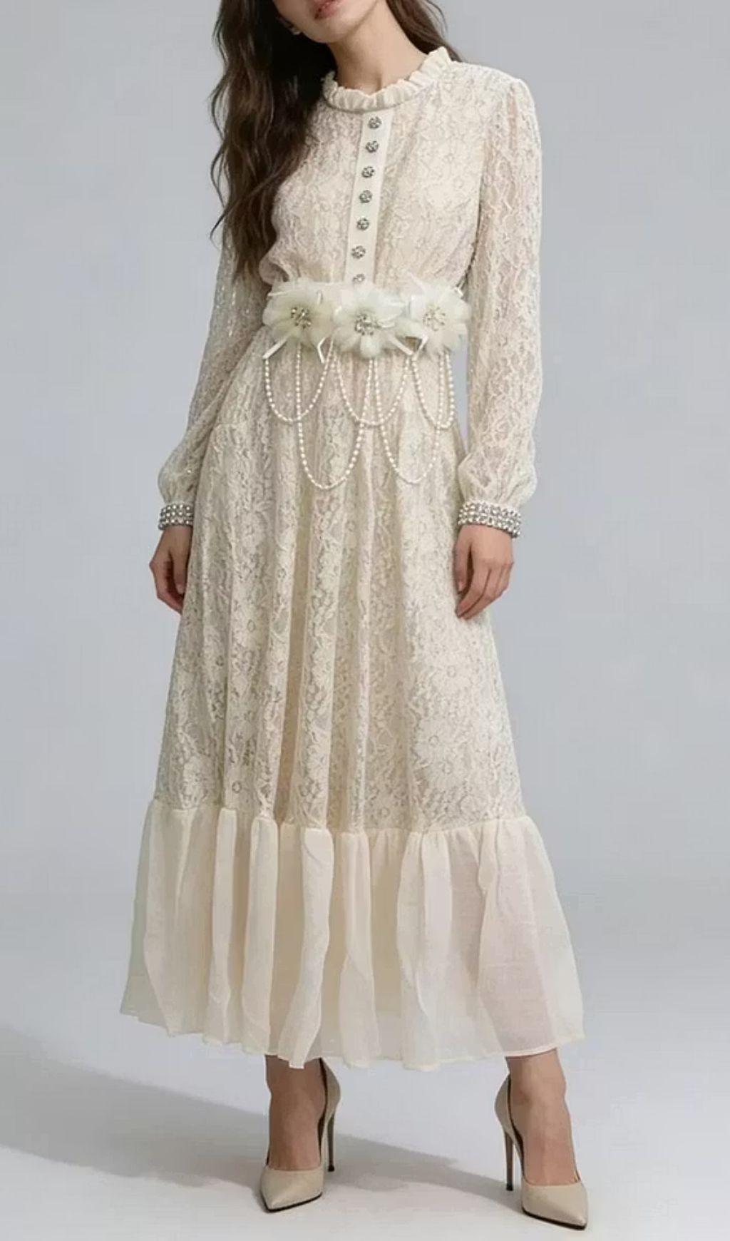Elegant Ivory White Lace Maxi Dress: 3D Floral, Pearl Cascade & Ruffle Hem