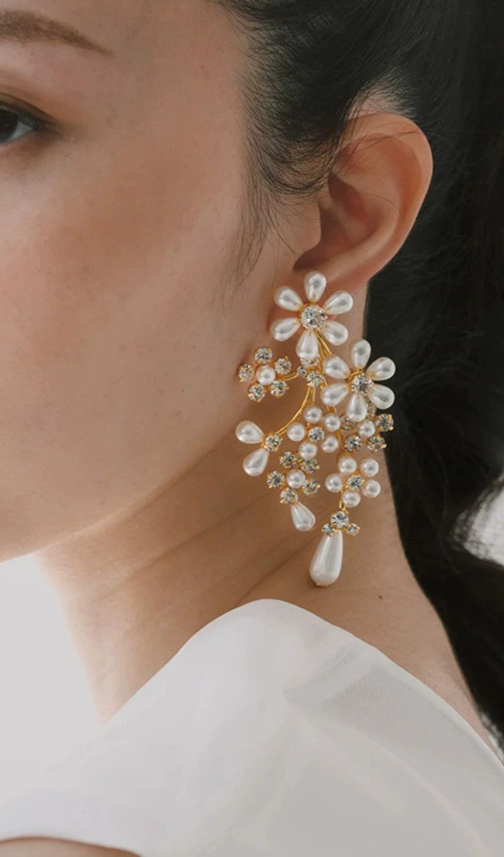 Kaitlyn Pearl & Crystal Floral Drop Earrings - Bridal & Elegant Statement