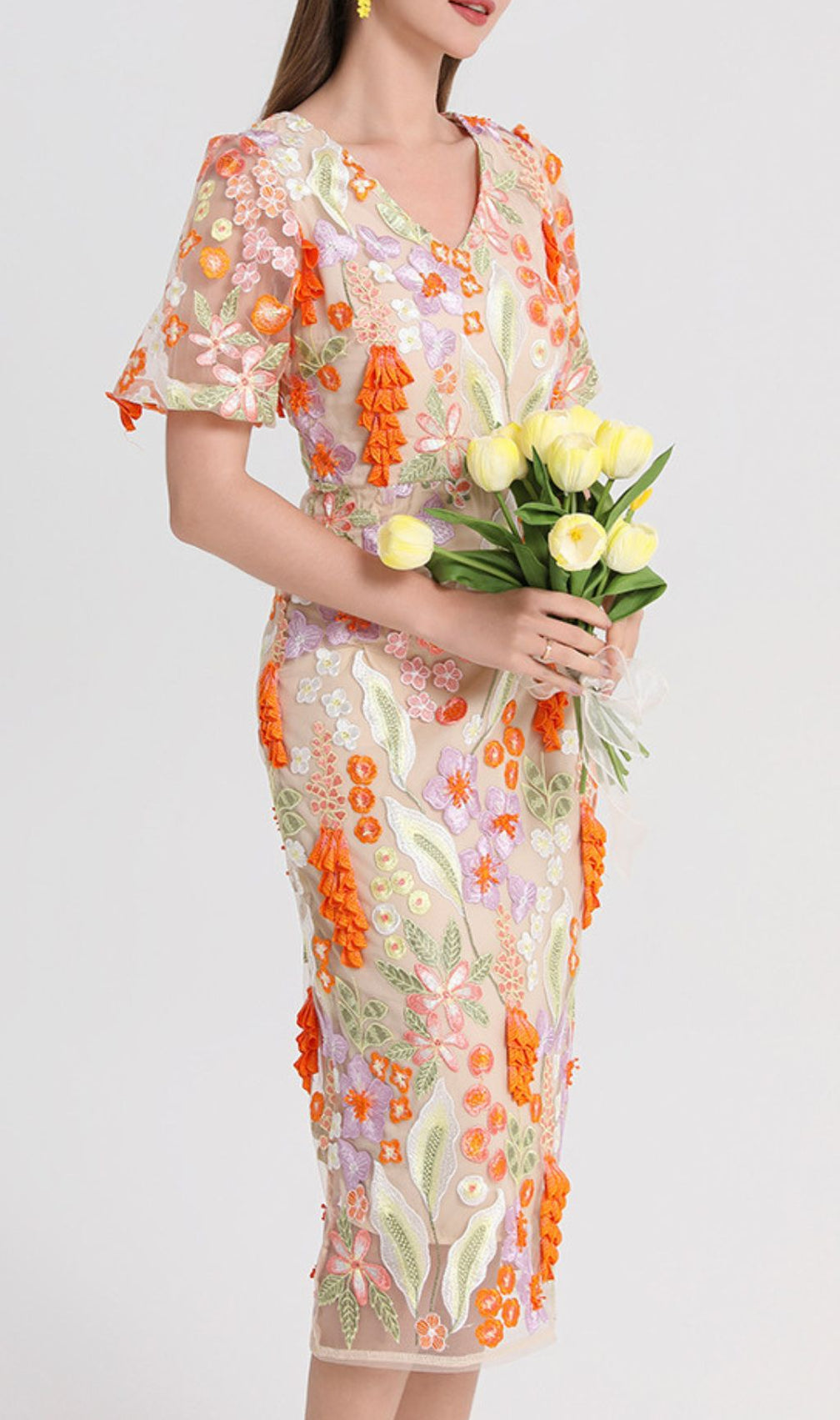 Fujiye V-Neck Flower Embroidery Midi Dress