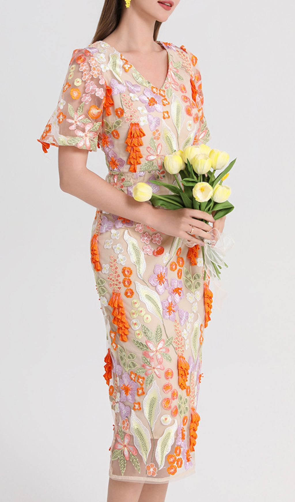 Fujiye V-Neck Flower Embroidery Midi Dress