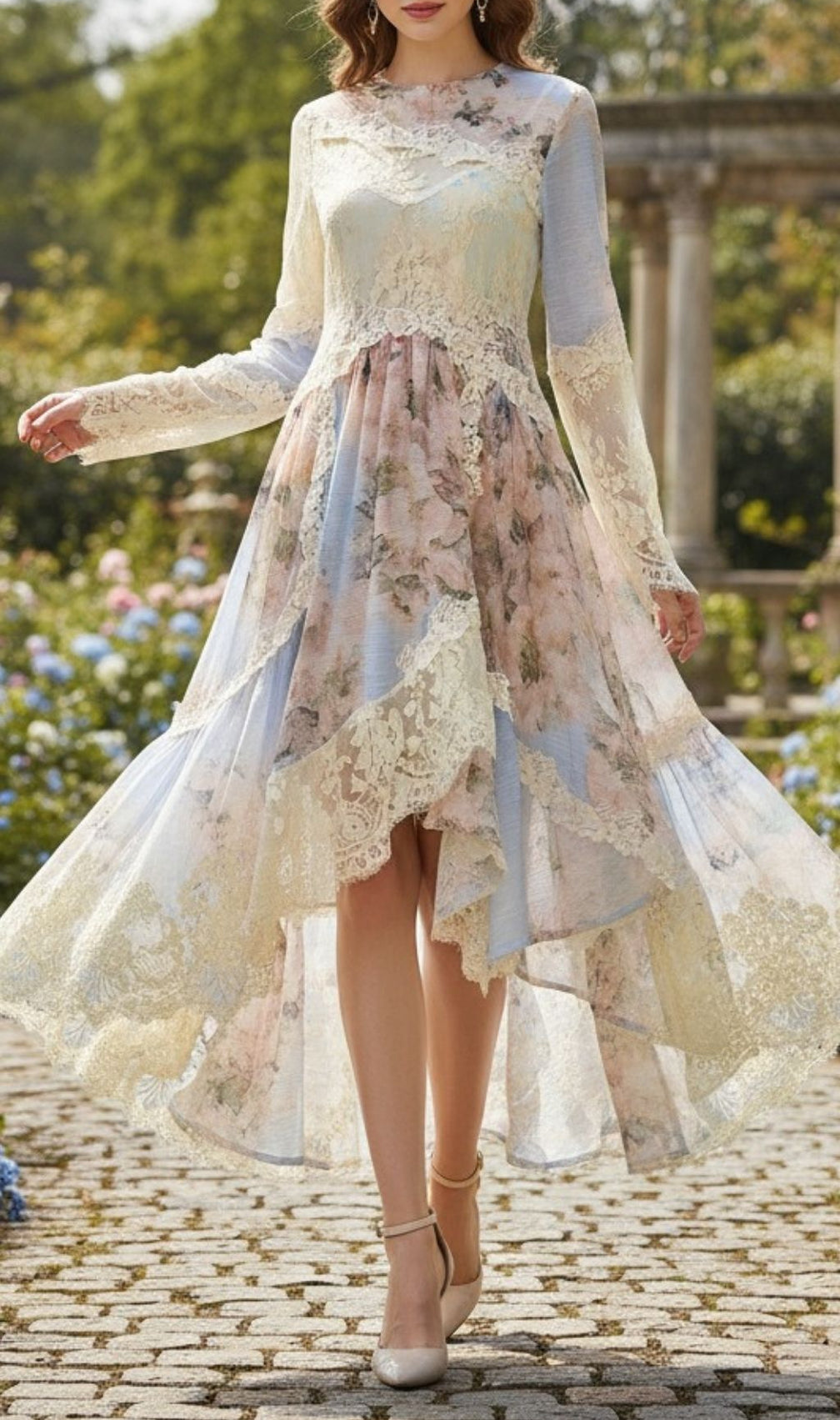 Kameelah Romantic Floral Lace High-Low Maxi Dress | Elegant Long Sleeve Gown