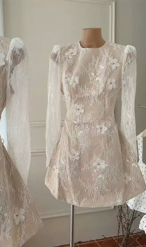 AMY Elegant Beige Floral Lace Mini Dress | Puffed Long Sleeve & Sheer Appliques