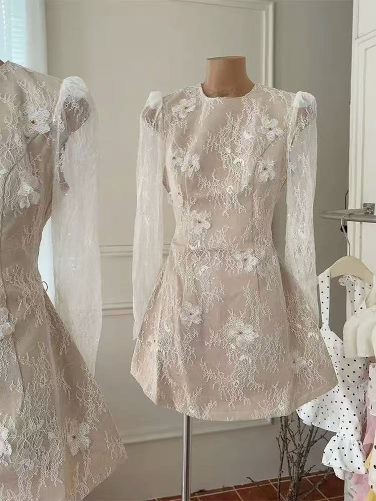 AMY Elegant Beige Floral Lace Mini Dress | Puffed Long Sleeve & Sheer Appliques