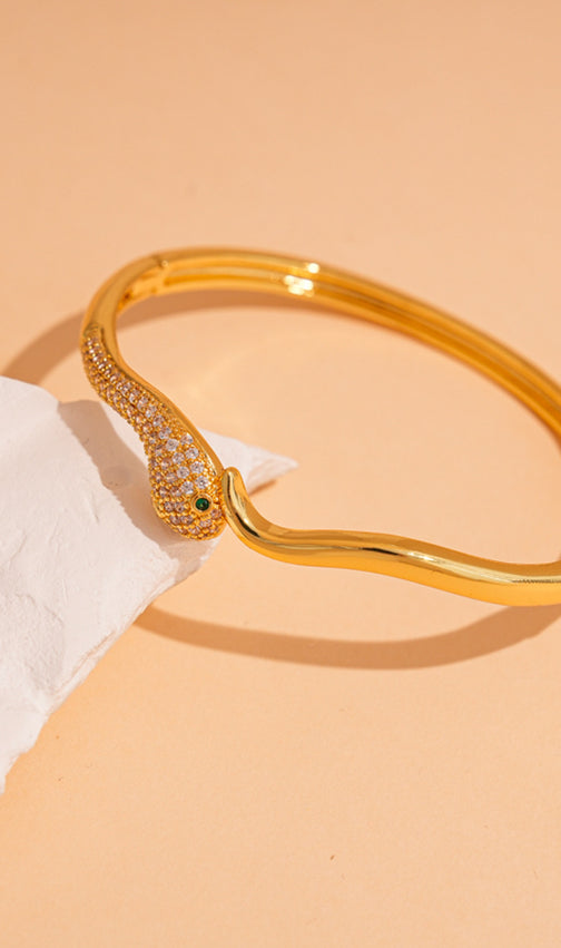 Glamorous Jonilde Pave Snake Bangle Bracelet with Emerald Green Eyes
