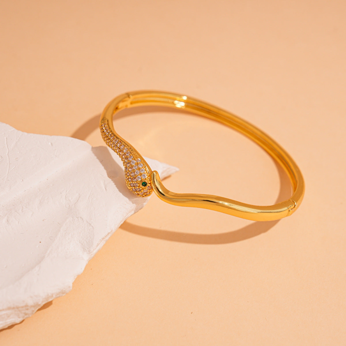 Glamorous Jonilde Pave Snake Bangle Bracelet with Emerald Green Eyes