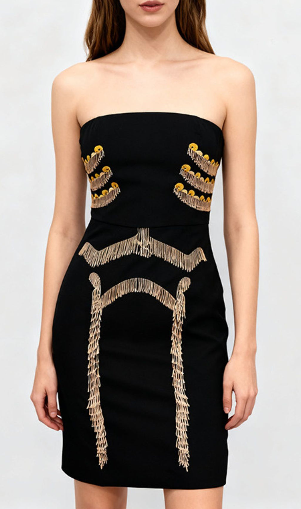 Julissa Black Strapless Tassel Mini Dress | Chic Fringe Bodycon Party Style