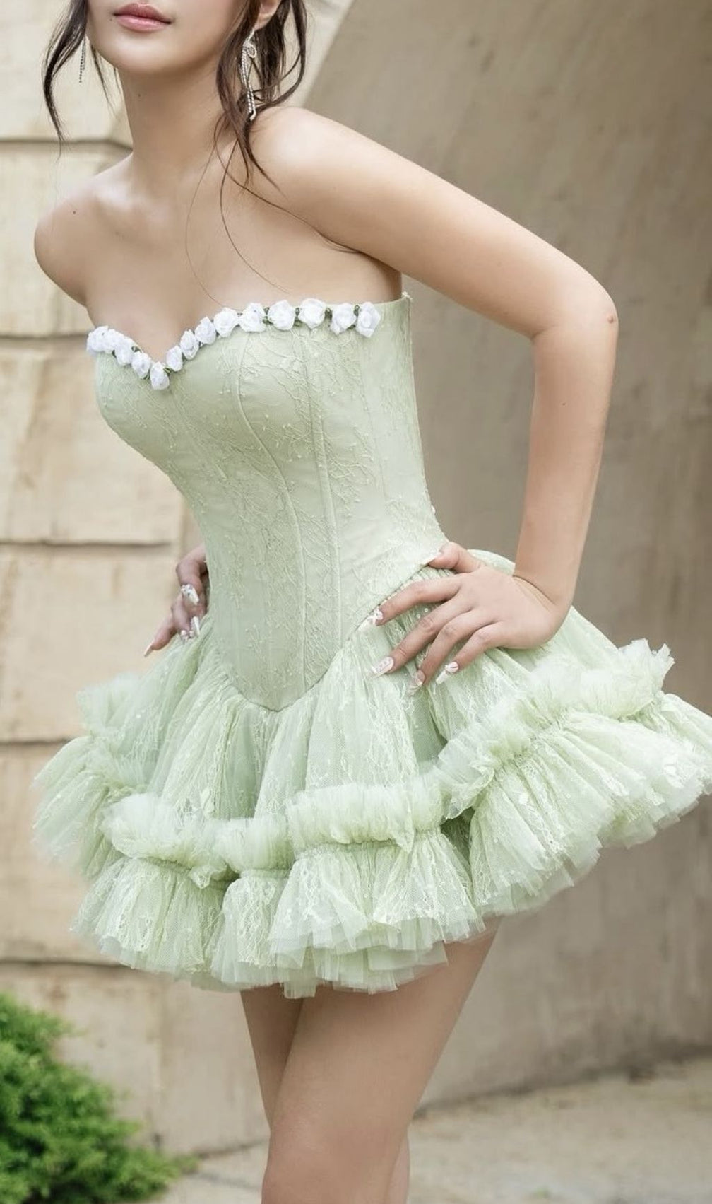 Karmina Glam Green Strapless Corset Ruffle Mini Dress