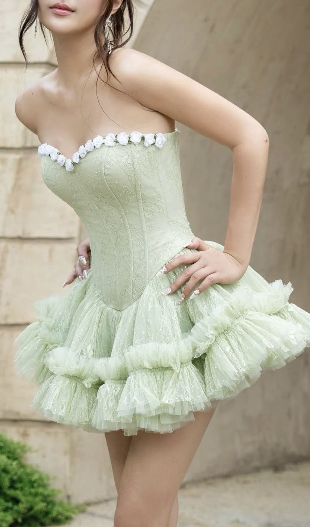 Karmina Glam Green Strapless Corset Ruffle Mini Dress