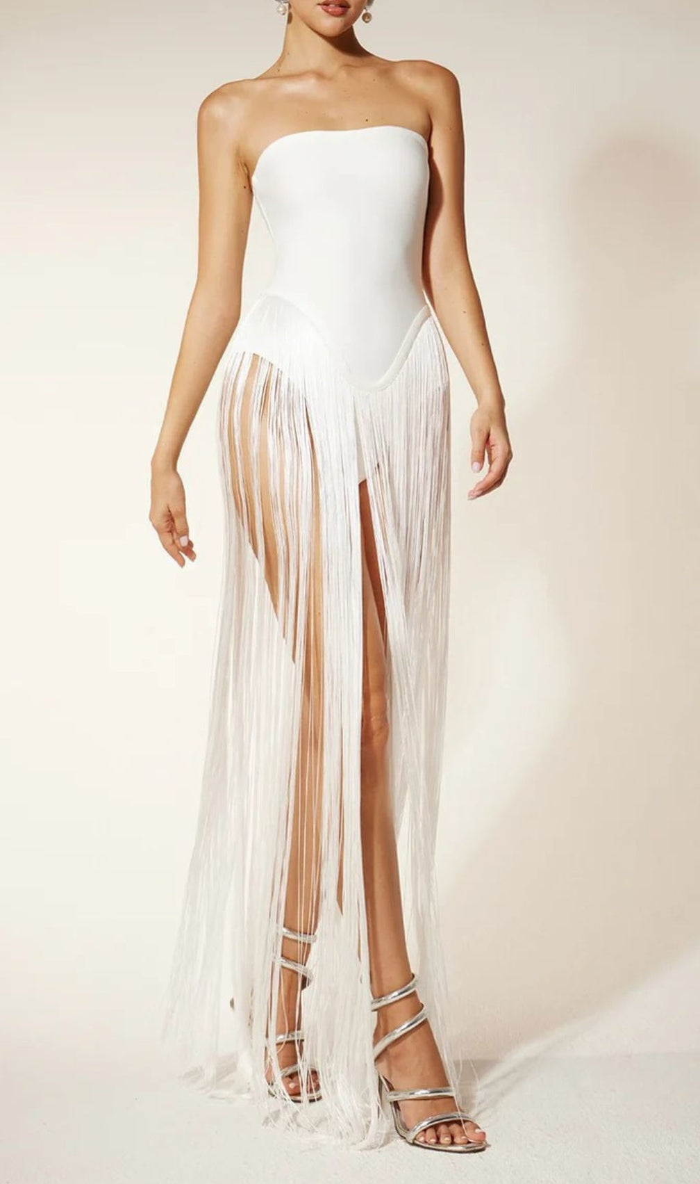 Rendor Showstopper White Strapless Fringe Bandage Maxi Dress | Glamorous Gala & Wedding Gown