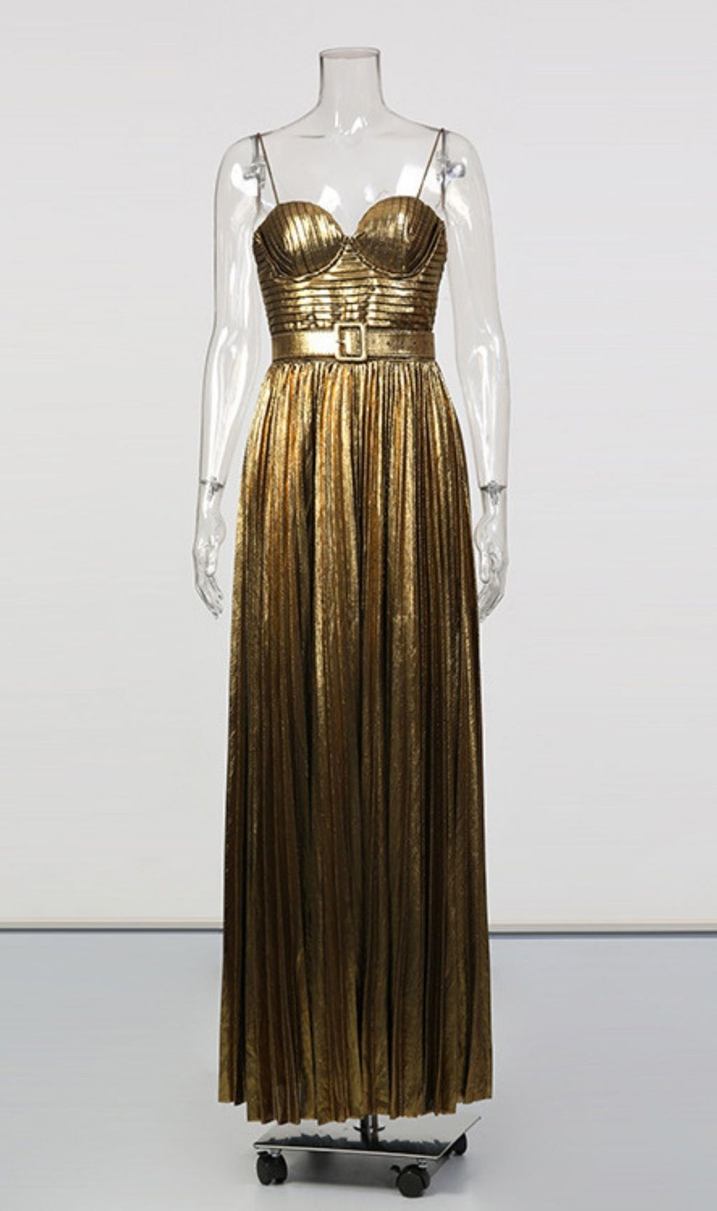 Kalyssa Goddess Gold Pleated Strappy Maxi Dress - Gala & Event Gown