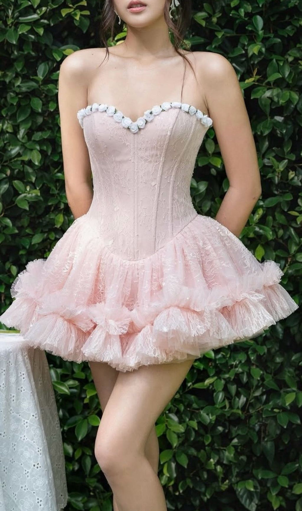 Karmina Pink Strapless Lace Corset Mini Dress - Sculpting & Romantic Fairycore Ruffle Design