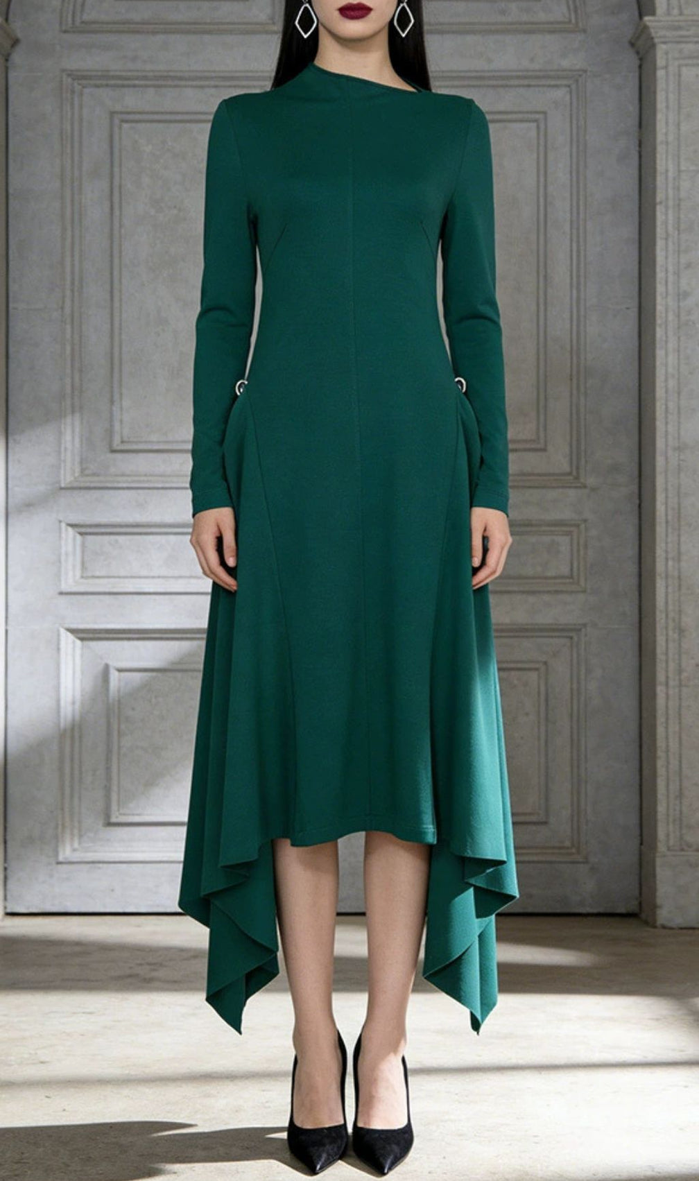 Johnna Emerald Green Asymmetrical Midi Dress - Long Sleeve Sophistication