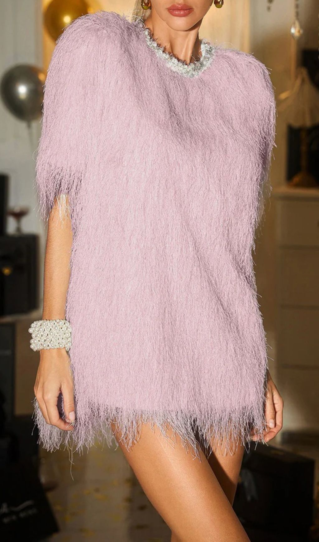 Celena Dazzling Pink Pearl Fringe Mini Dress – Ultimate Party Glam