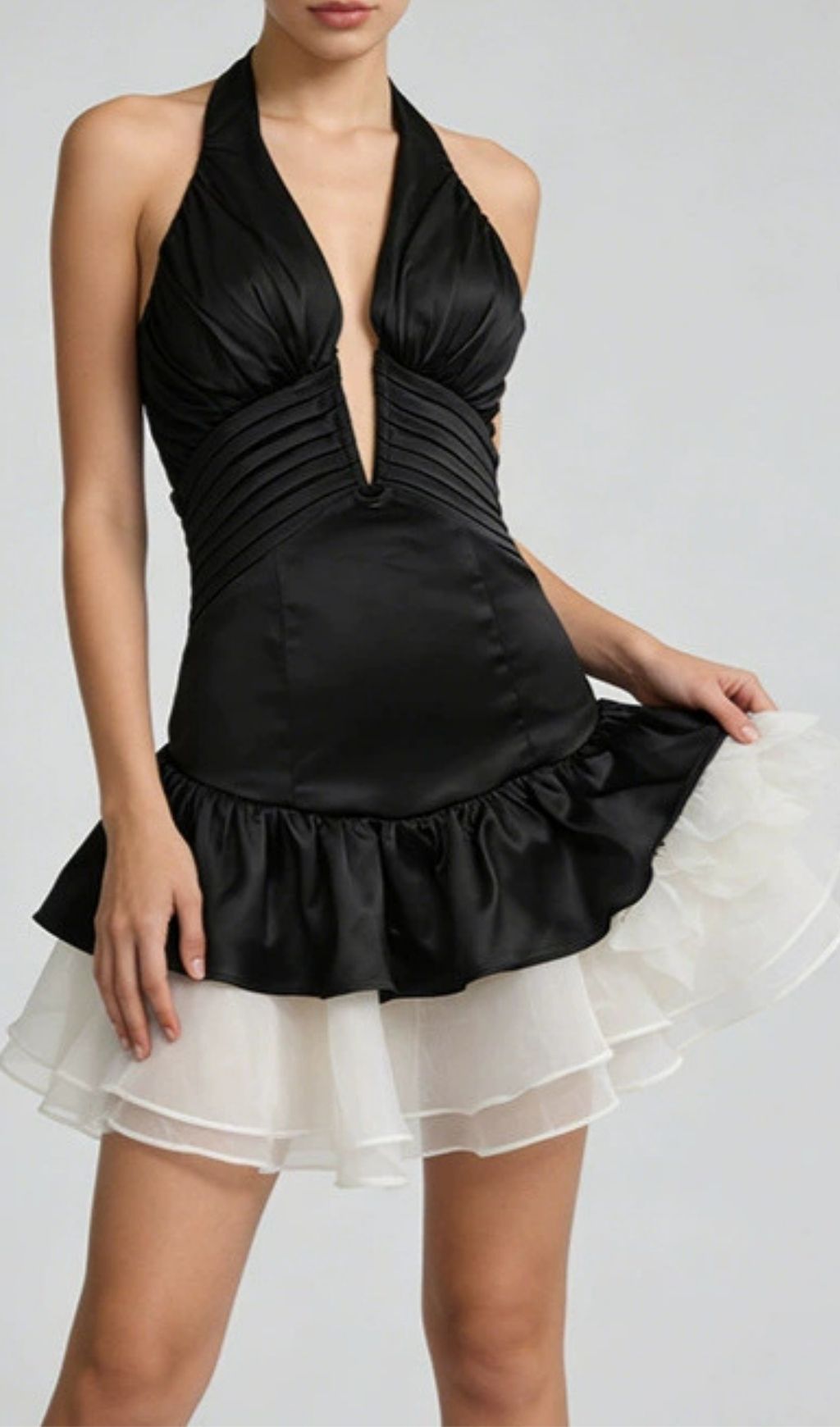 Keren Halter Deep V Mini Dress - Black & Red Blooming Rose Skirt