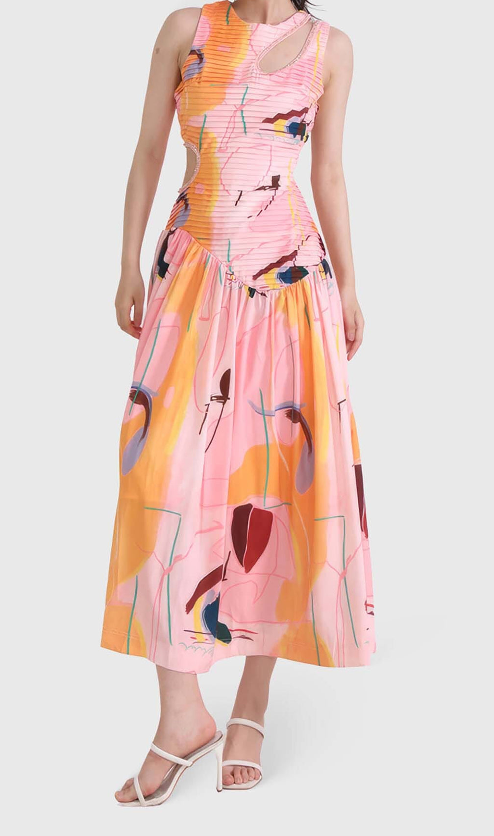 Cut Outs Round Neck Maxi Dress In Multicolor