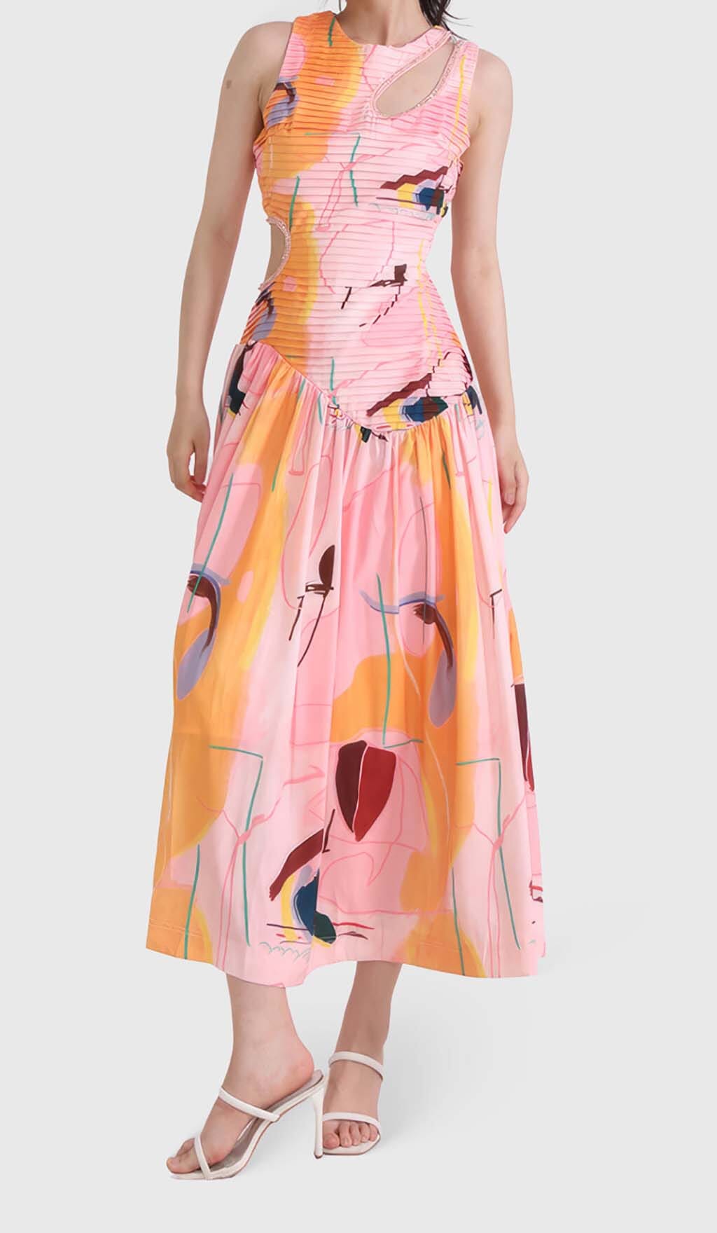 Cut Outs Round Neck Maxi Dress In Multicolor