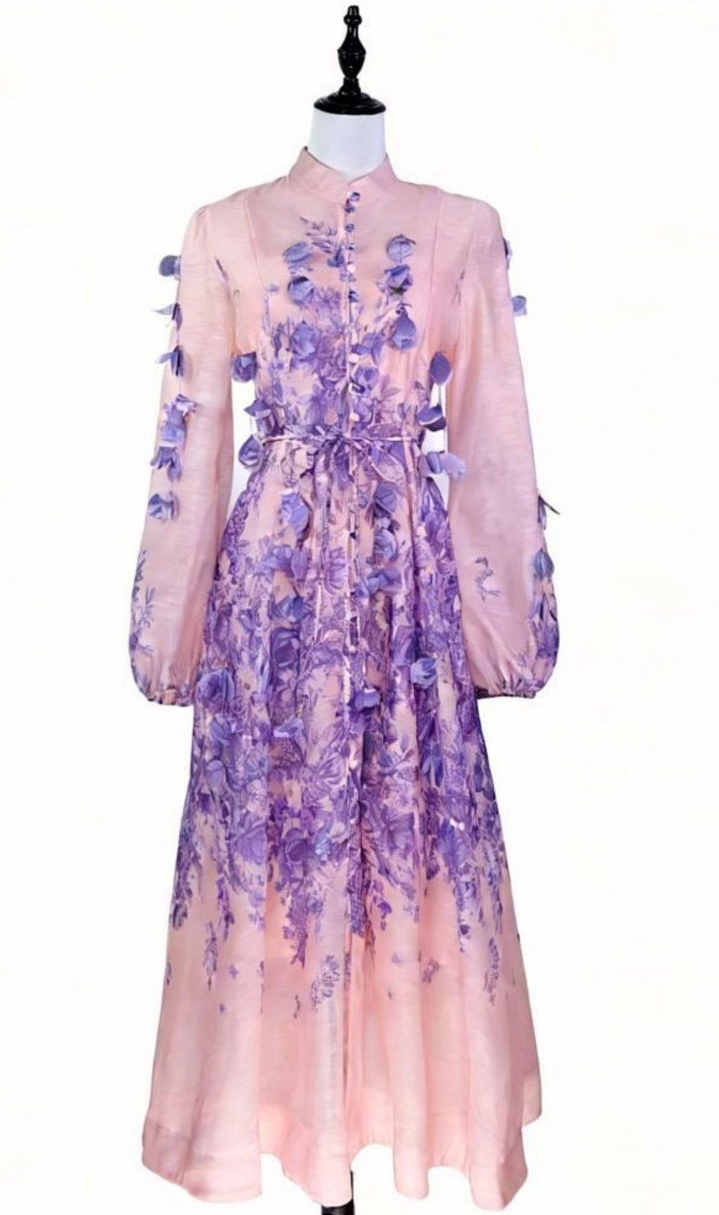 Karsyn Enchanted Garden Pink & Purple Floral Maxi Dress | 3D Petal Long Sleeve