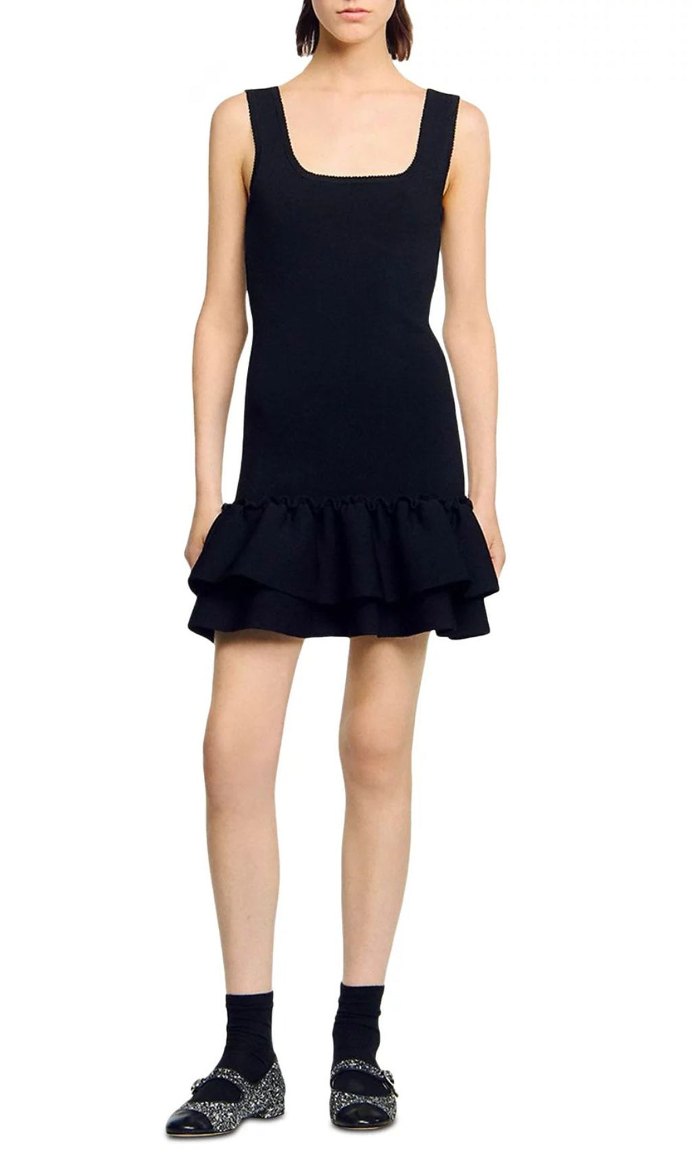 Modern Chic: Black Square Neck Ruffled Knit Mini Dress for Women