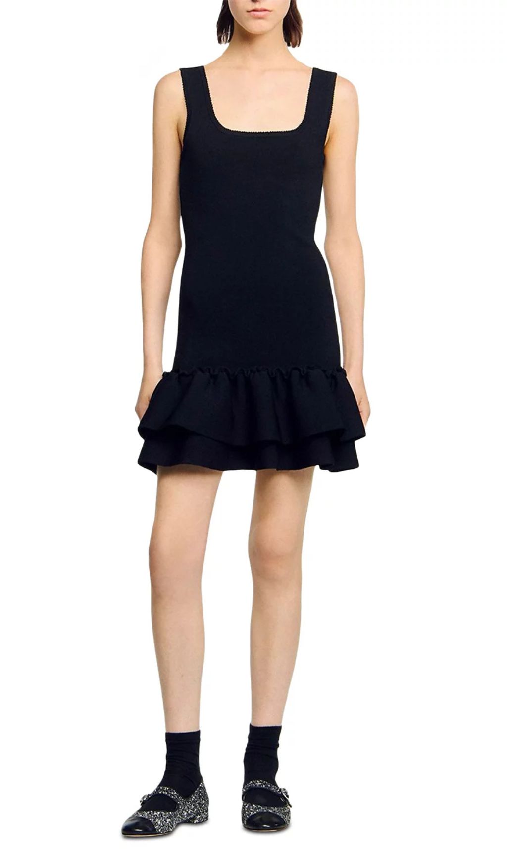 Modern Chic: Black Square Neck Ruffled Knit Mini Dress for Women