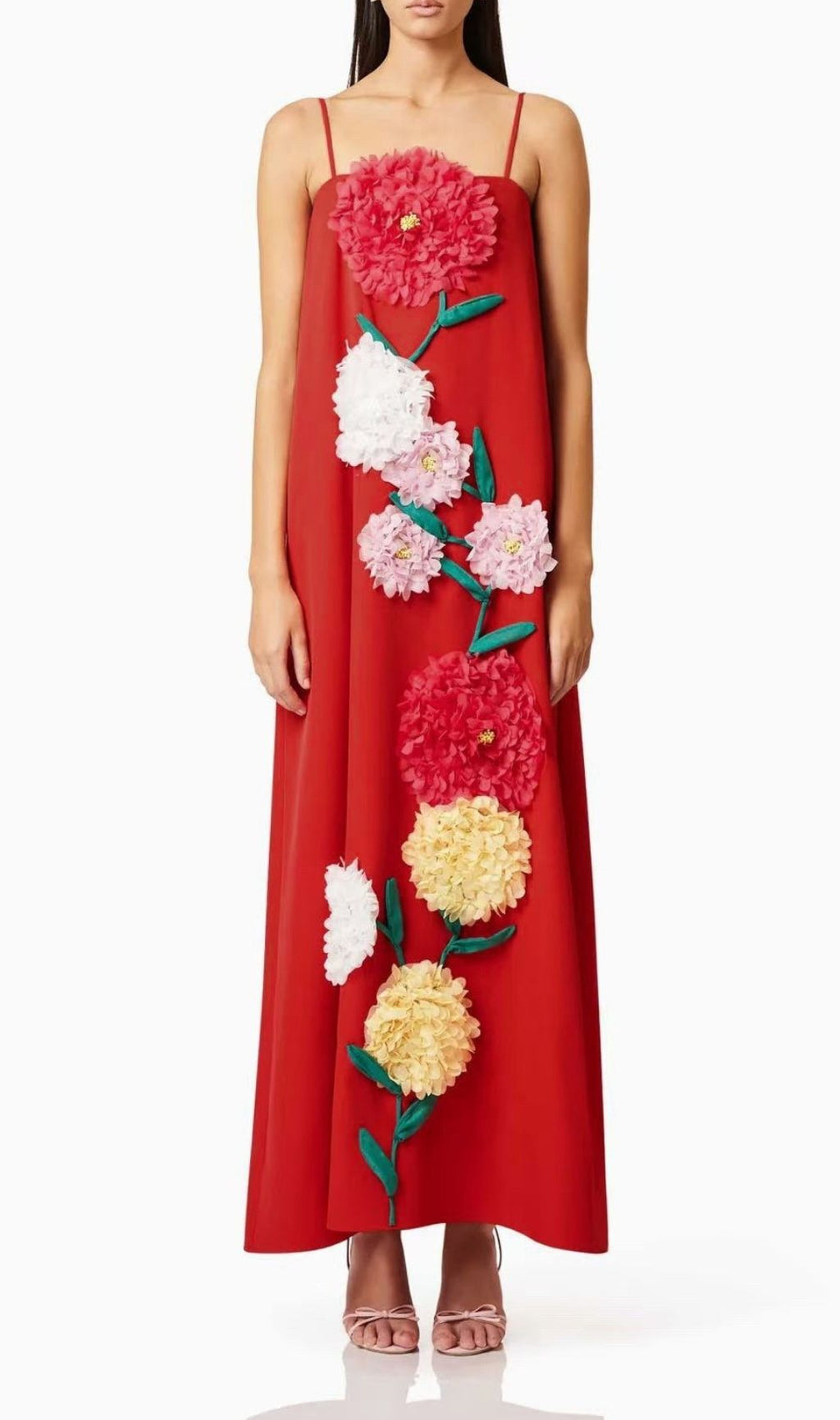 Erica Vibrant Red Strappy 3D Floral Maxi Dress
