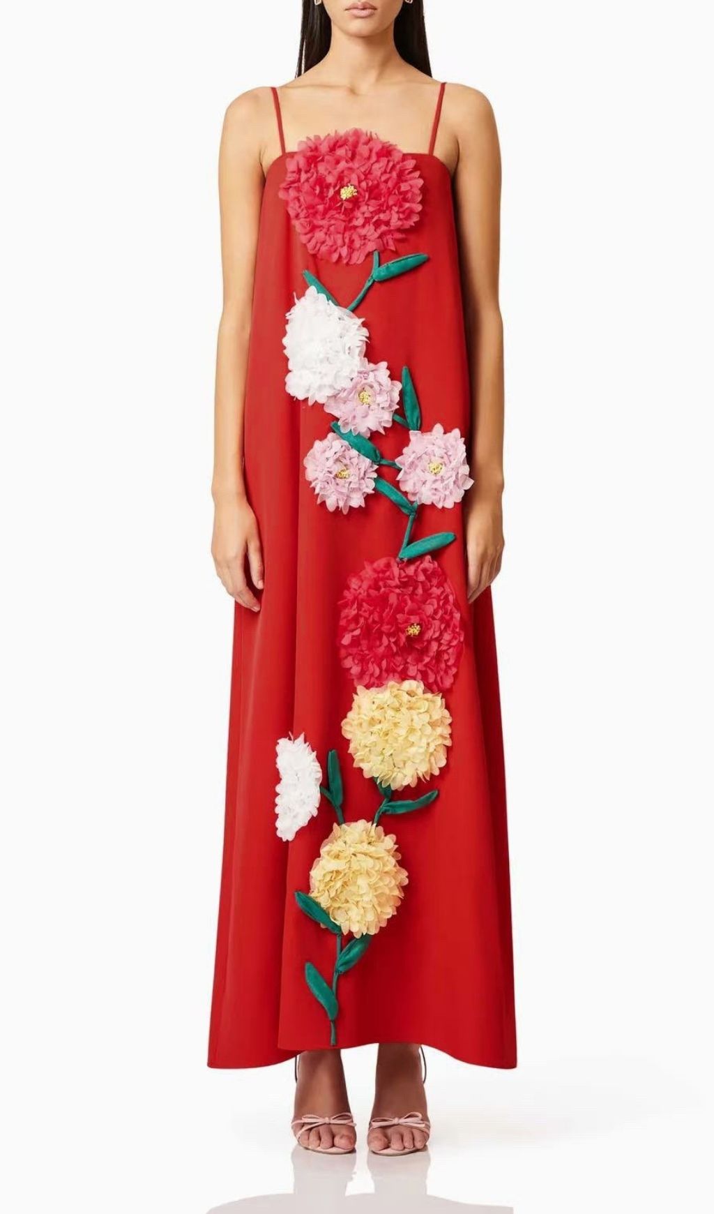 Erica Vibrant Red Strappy 3D Floral Maxi Dress