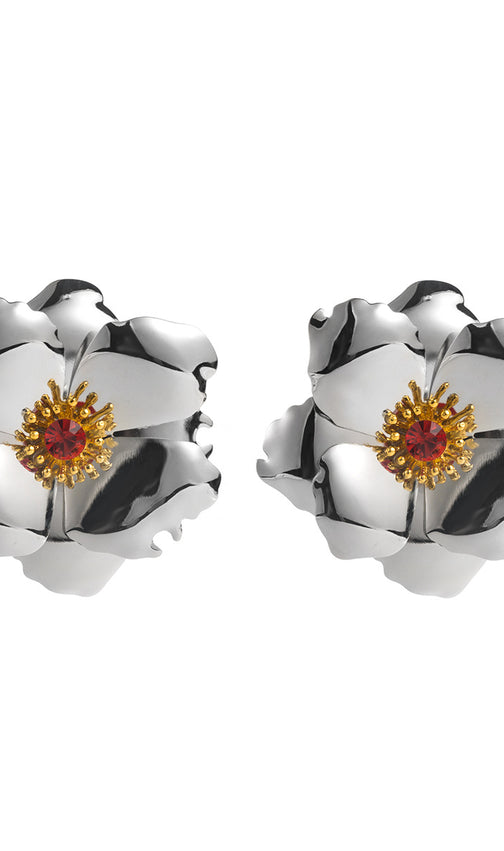 Jumana Gold Statement Flower Earrings with Red Gem