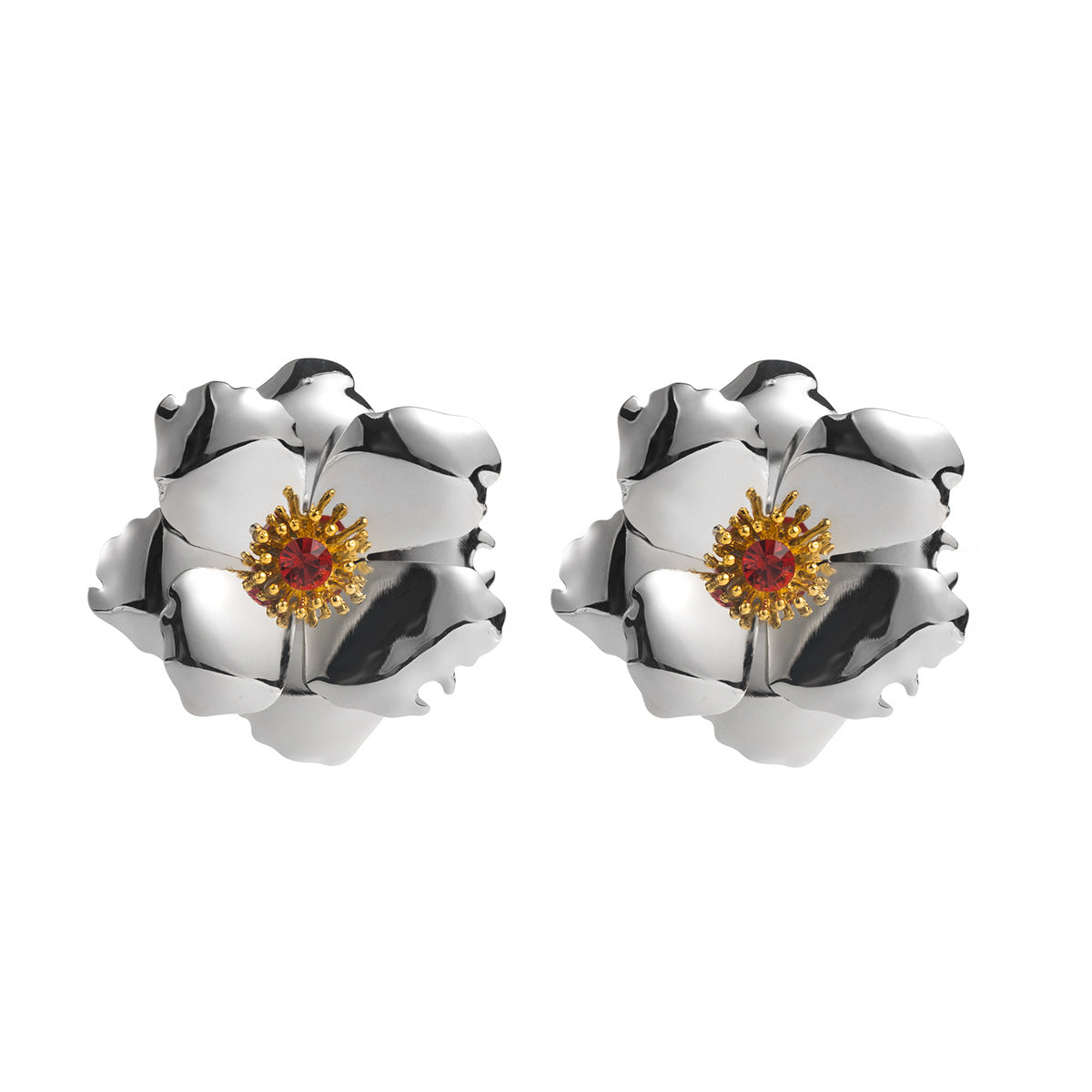 Jumana Gold Statement Flower Earrings with Red Gem