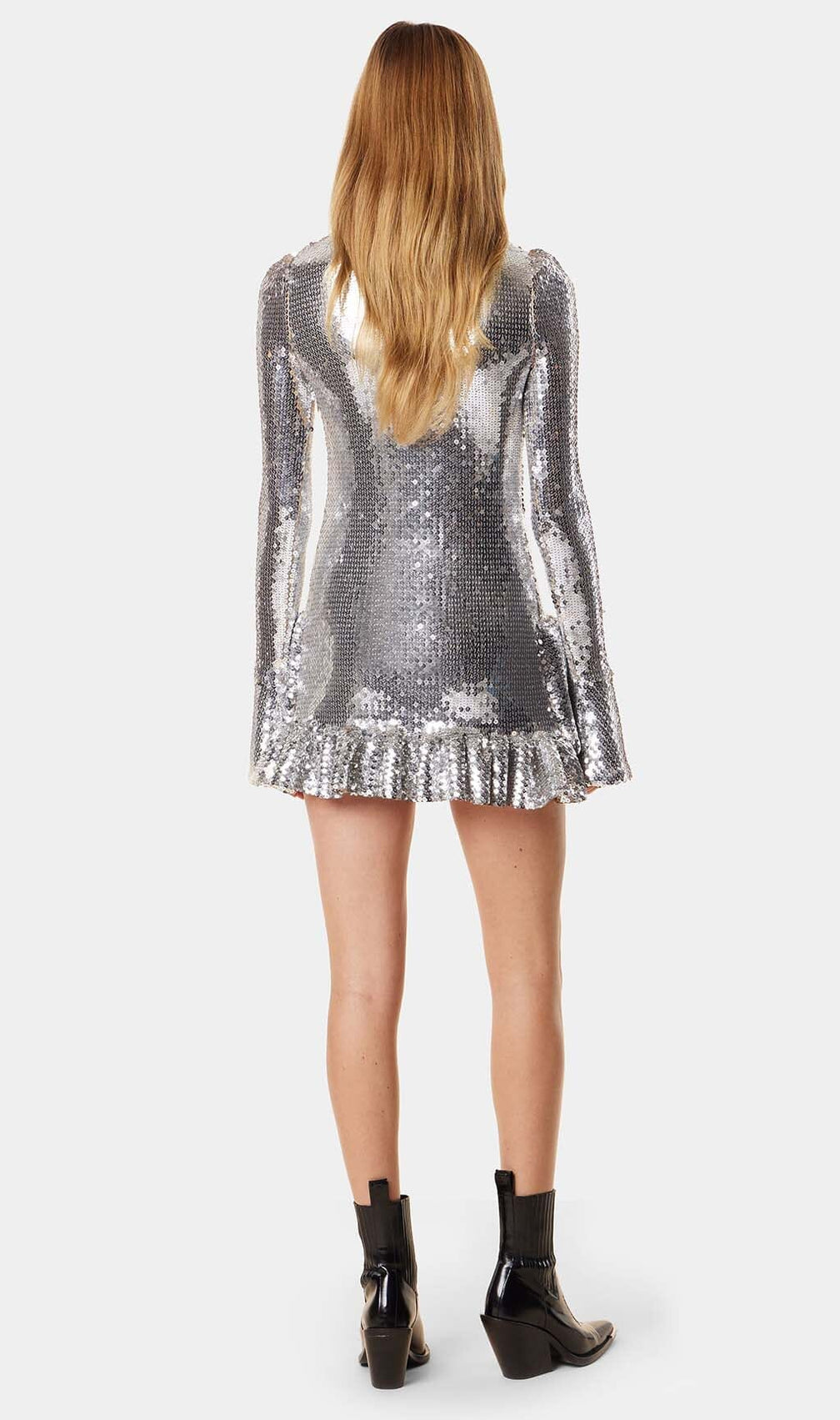 Sequin Ruffle Mini Dress In Metallic Silver