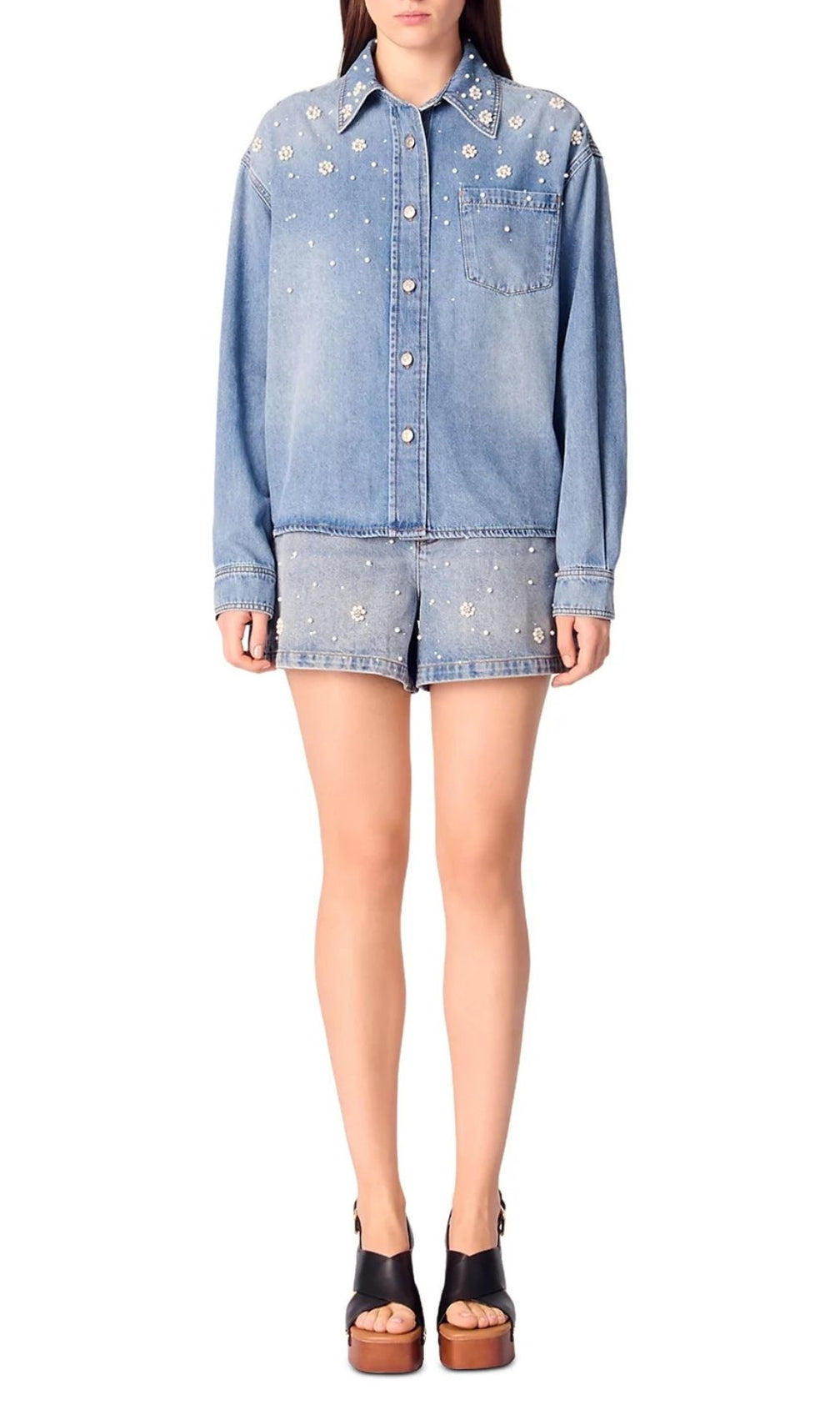 Chic Blossom Denim Shirt: Pearl & Rhinestone Embellished Button-Up for Women