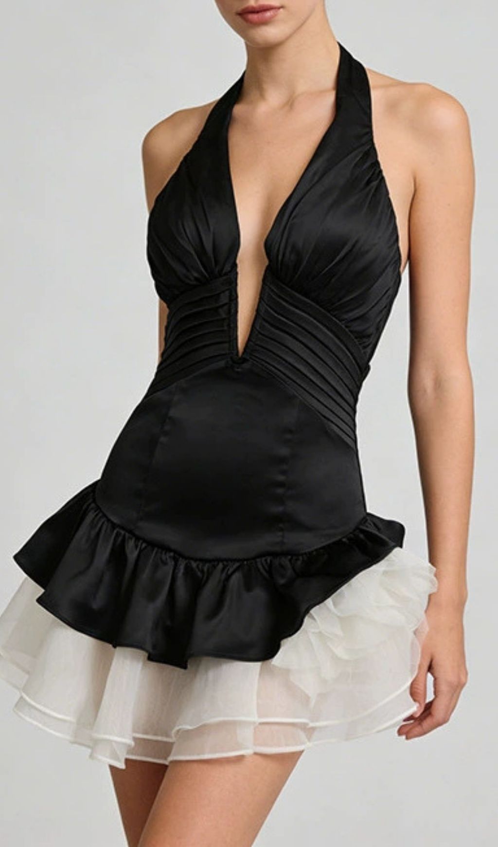 Keren Halter Deep V Mini Dress - Black & Red Blooming Rose Skirt