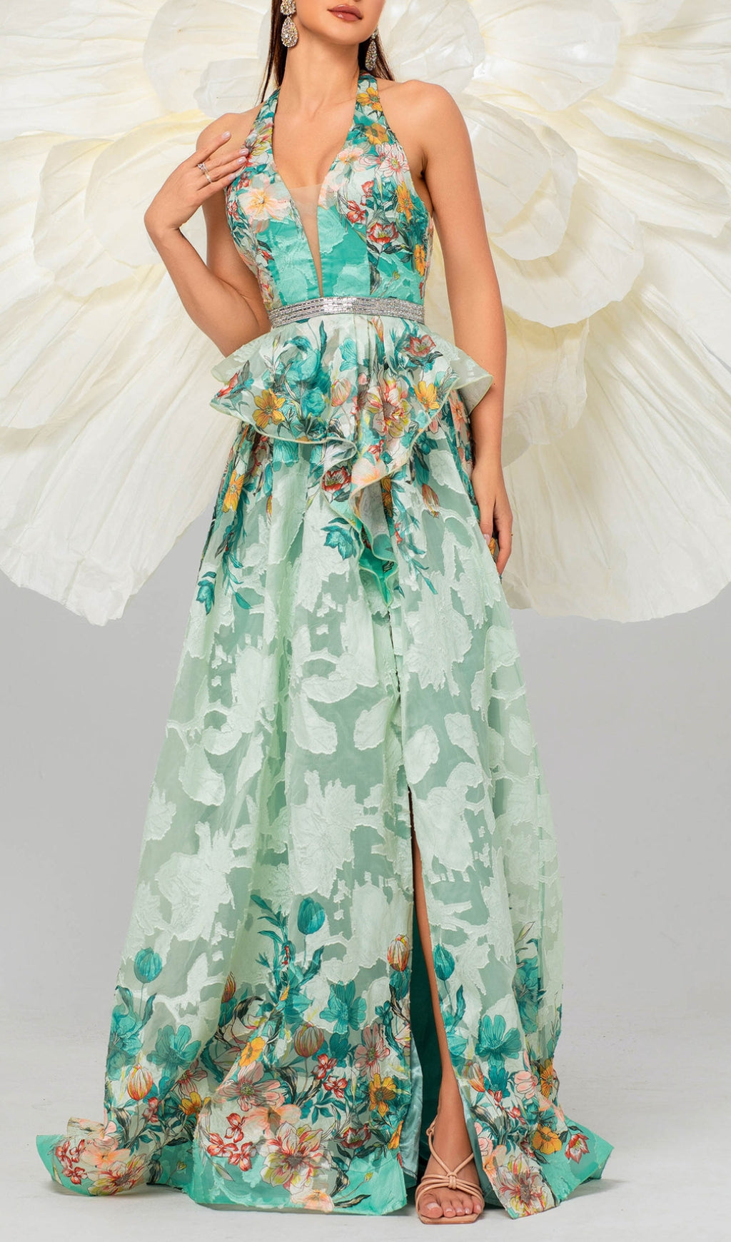 Brona Green Halter Floral Printed Maxi Dress