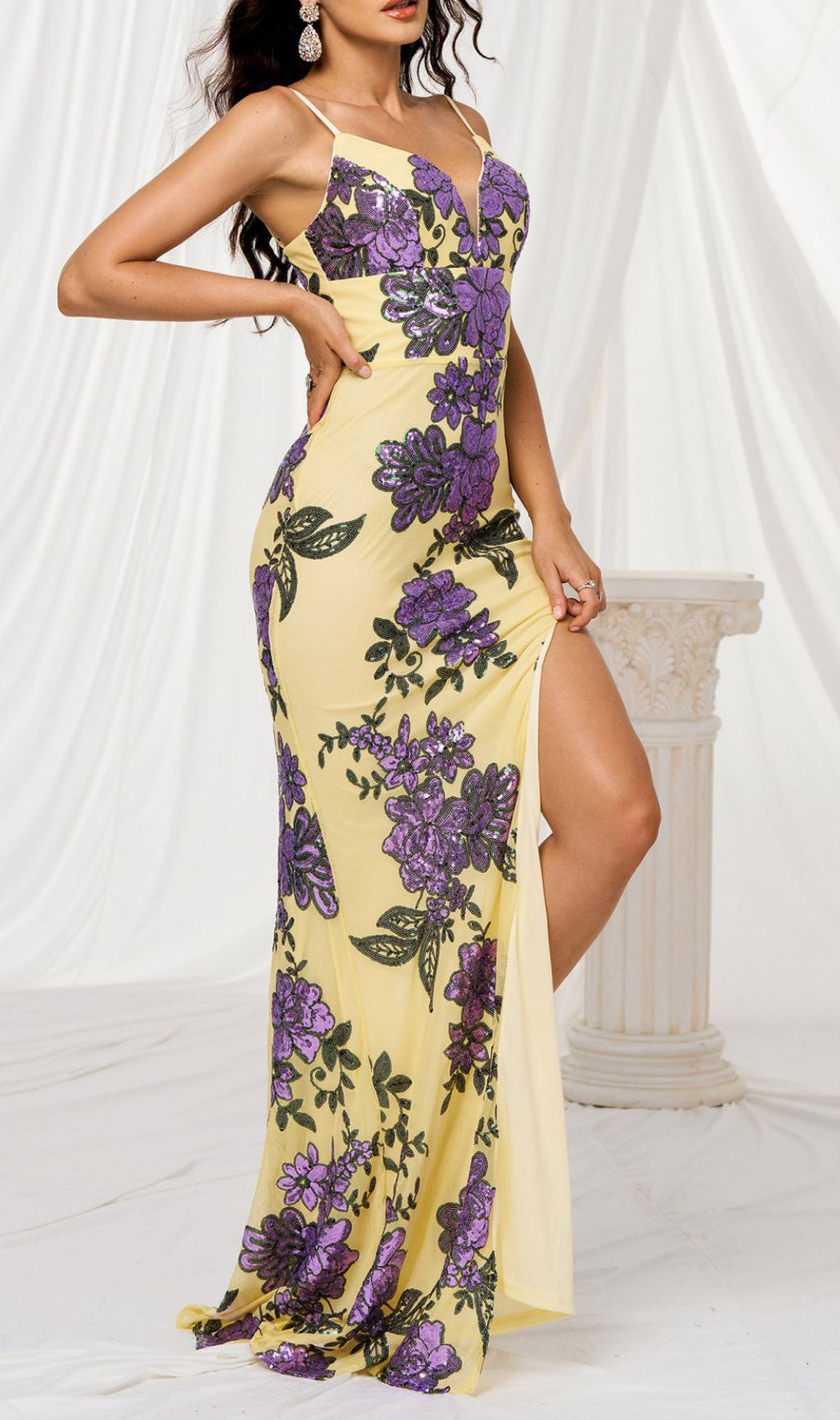 Finnea Yellow Flower Sequin Slit Maxi Dress