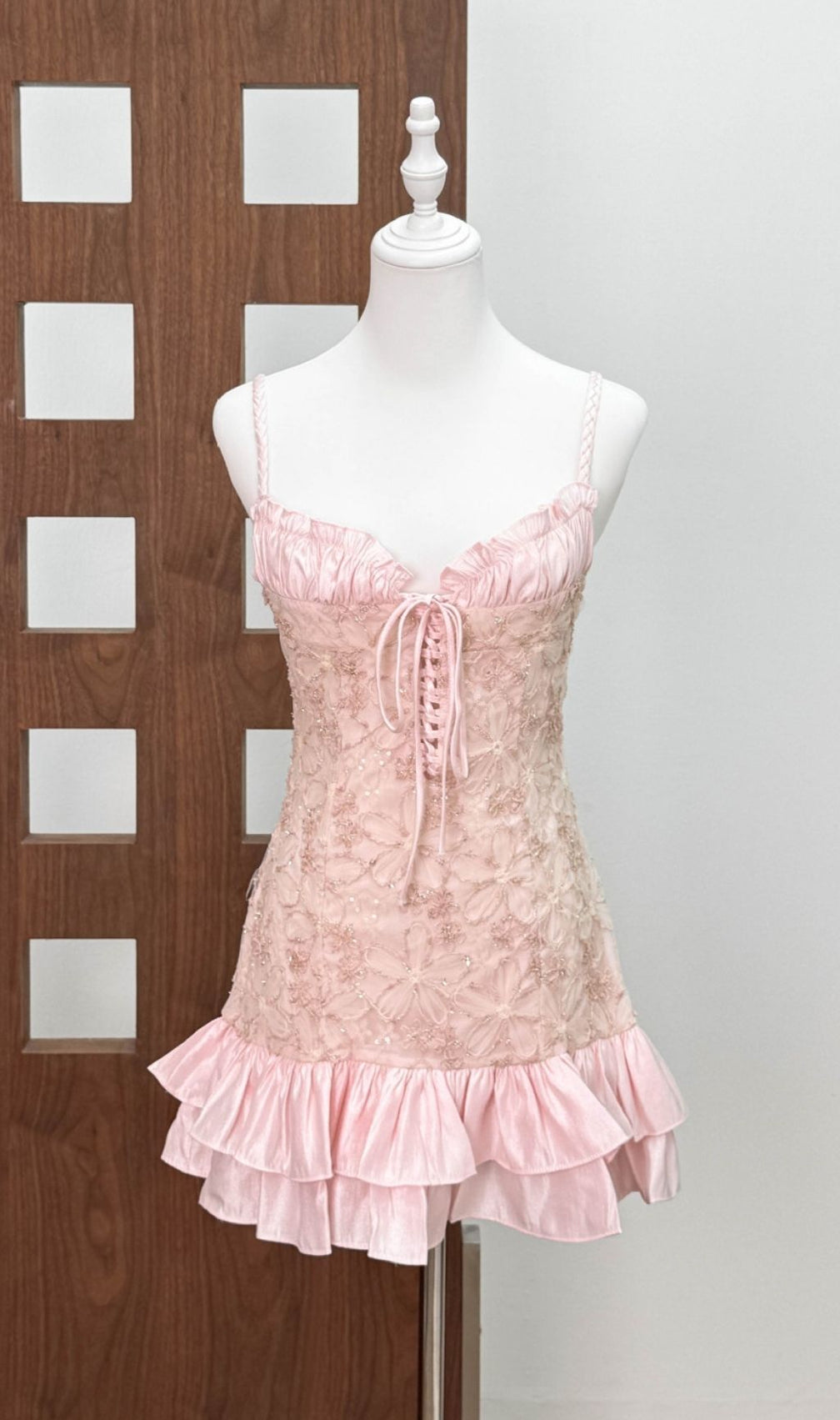 Kåre Dazzling Pink Sequin Floral Mini Dress - Ruffled & Lace-Up Party Style