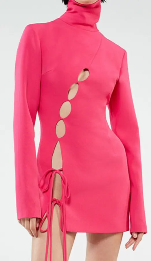 Pink Hollow Out Long Sleeve Mini Bandage Dress