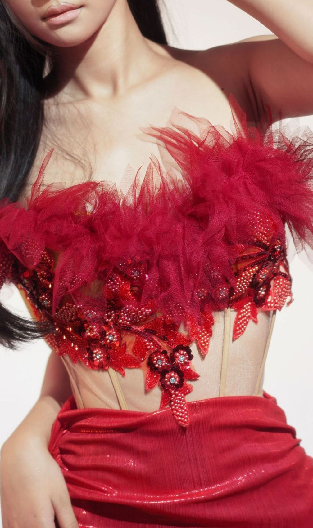 Izefia Red Beaded Corset Top & Skirt Set