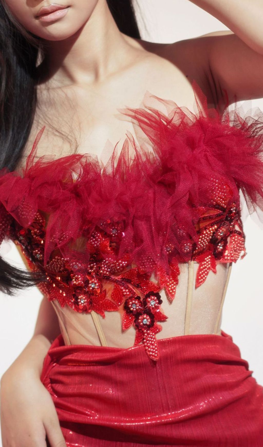 Izefia Red Beaded Corset Top & Skirt Set