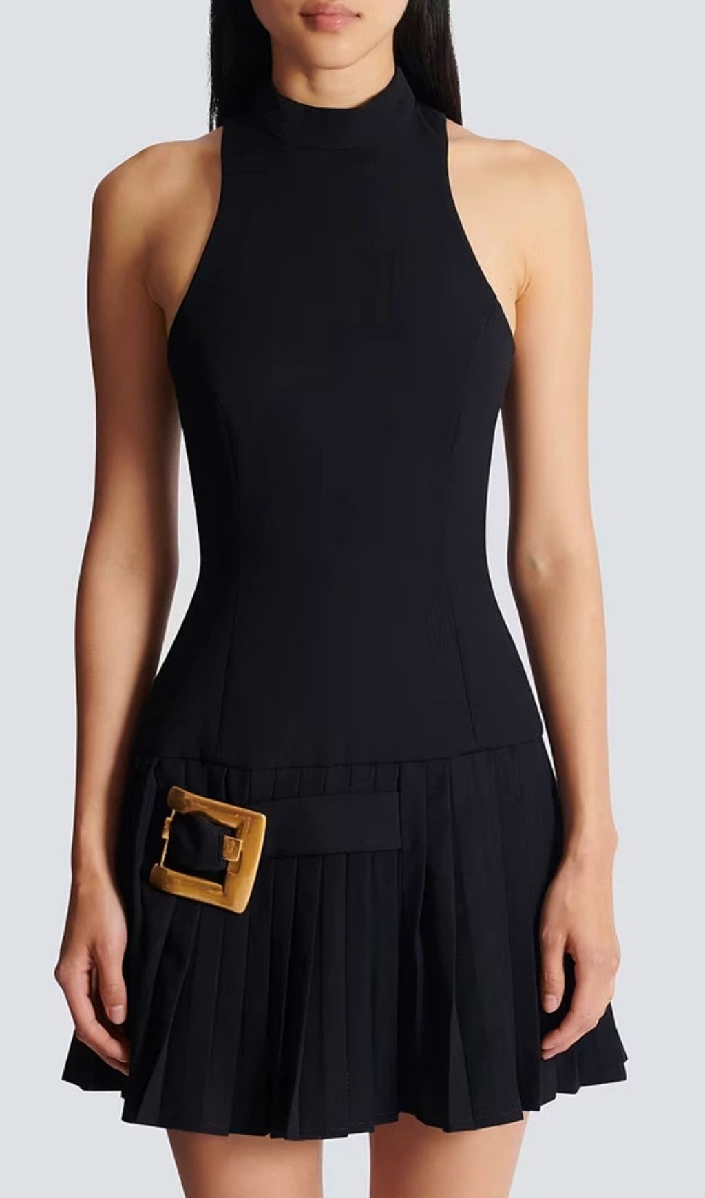 Kemi Black Mock Neck Pleated Mini Dress with Gold Buckle Detail