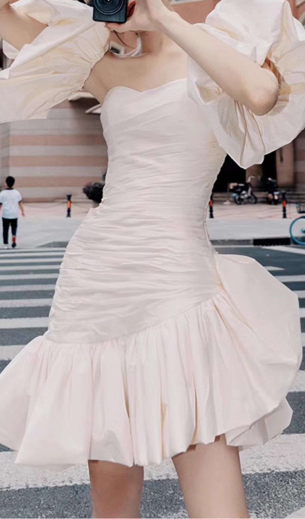Colina White Puff Sleeve Ruched Mini Dress