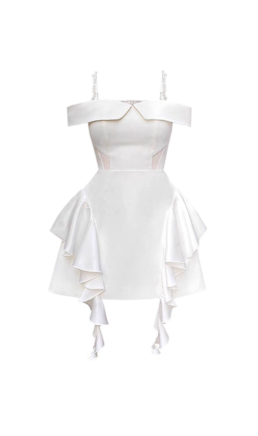 Jayleen White Ruffle Mini Dress | Chic Off-Shoulder with Pearl Straps for Bridal & Parties