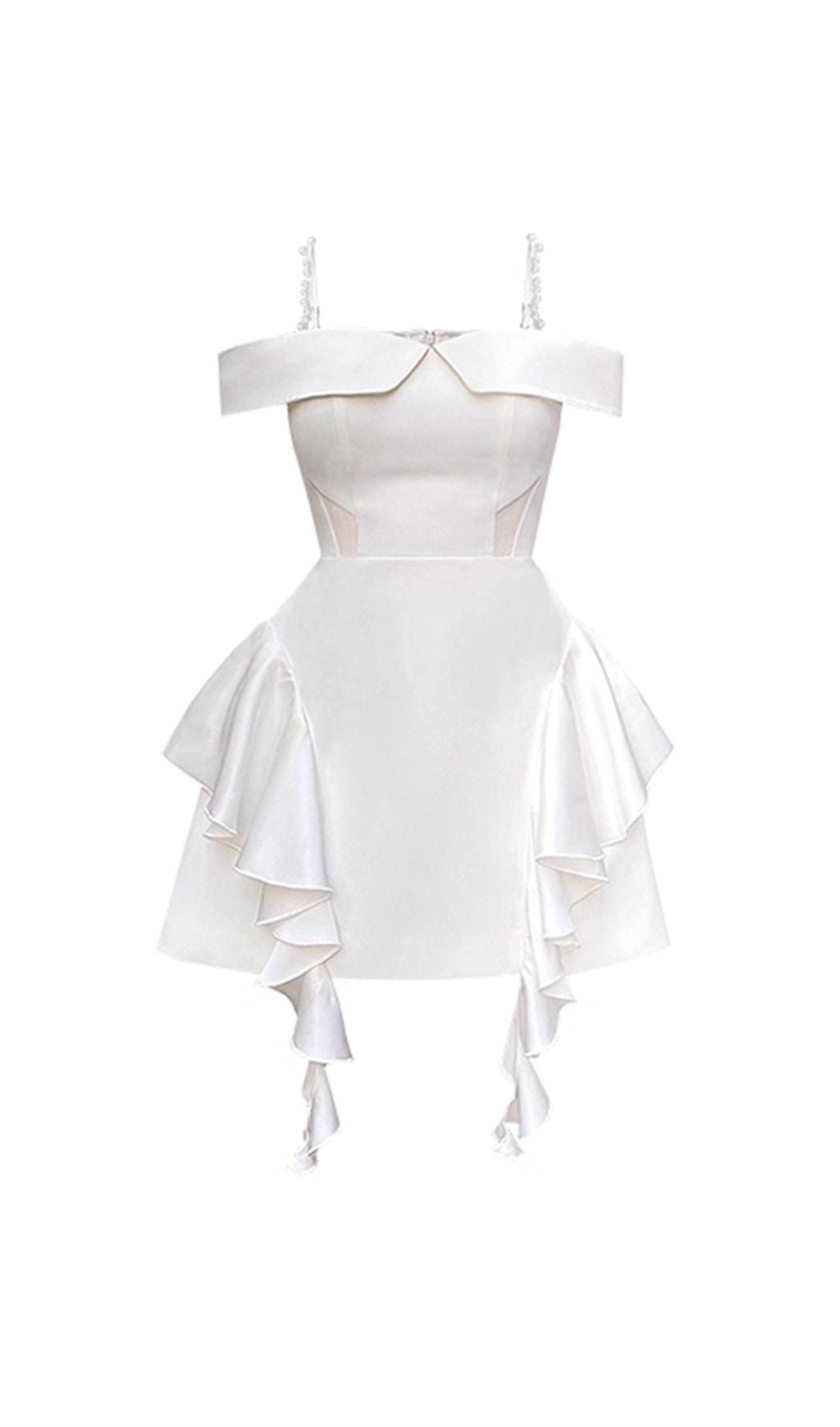 Jayleen White Ruffle Mini Dress | Chic Off-Shoulder with Pearl Straps for Bridal & Parties