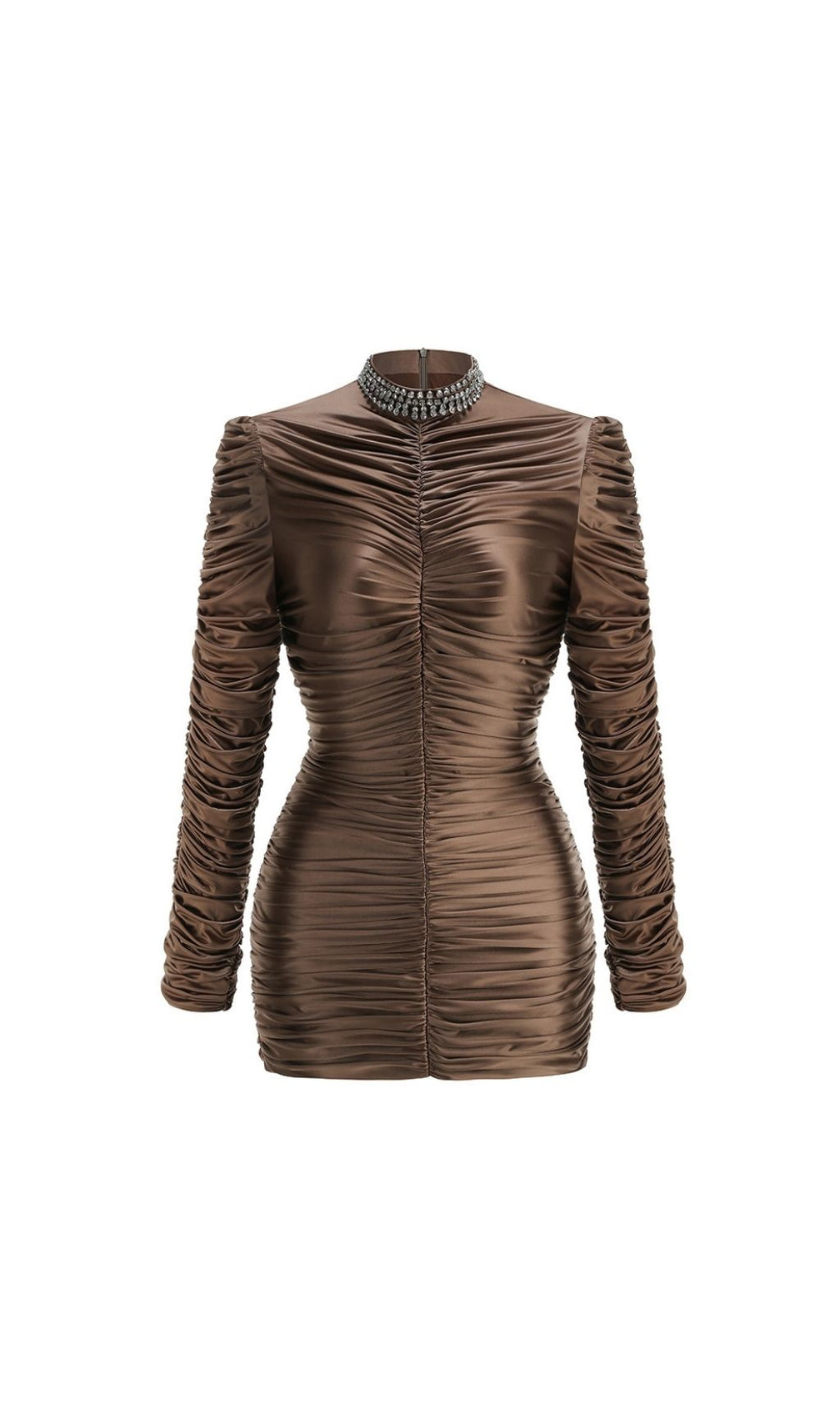 Khalani Brown Ruched Long Sleeve Mini Dress - Chic & Figure-Flattering