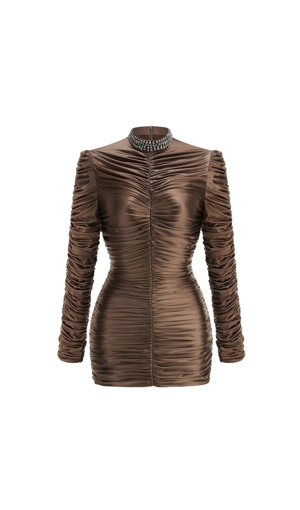 Khalani Brown Ruched Long Sleeve Mini Dress - Chic & Figure-Flattering