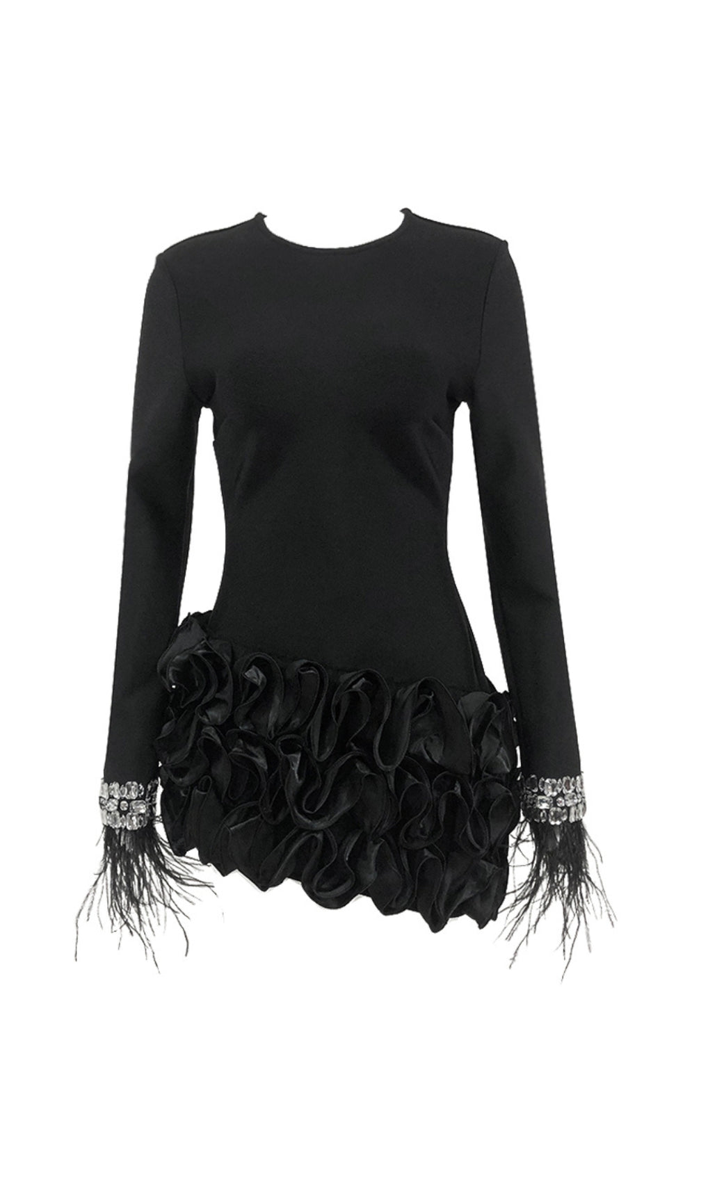 Cardea Black Crystal Feather Ruffle Mini Dress