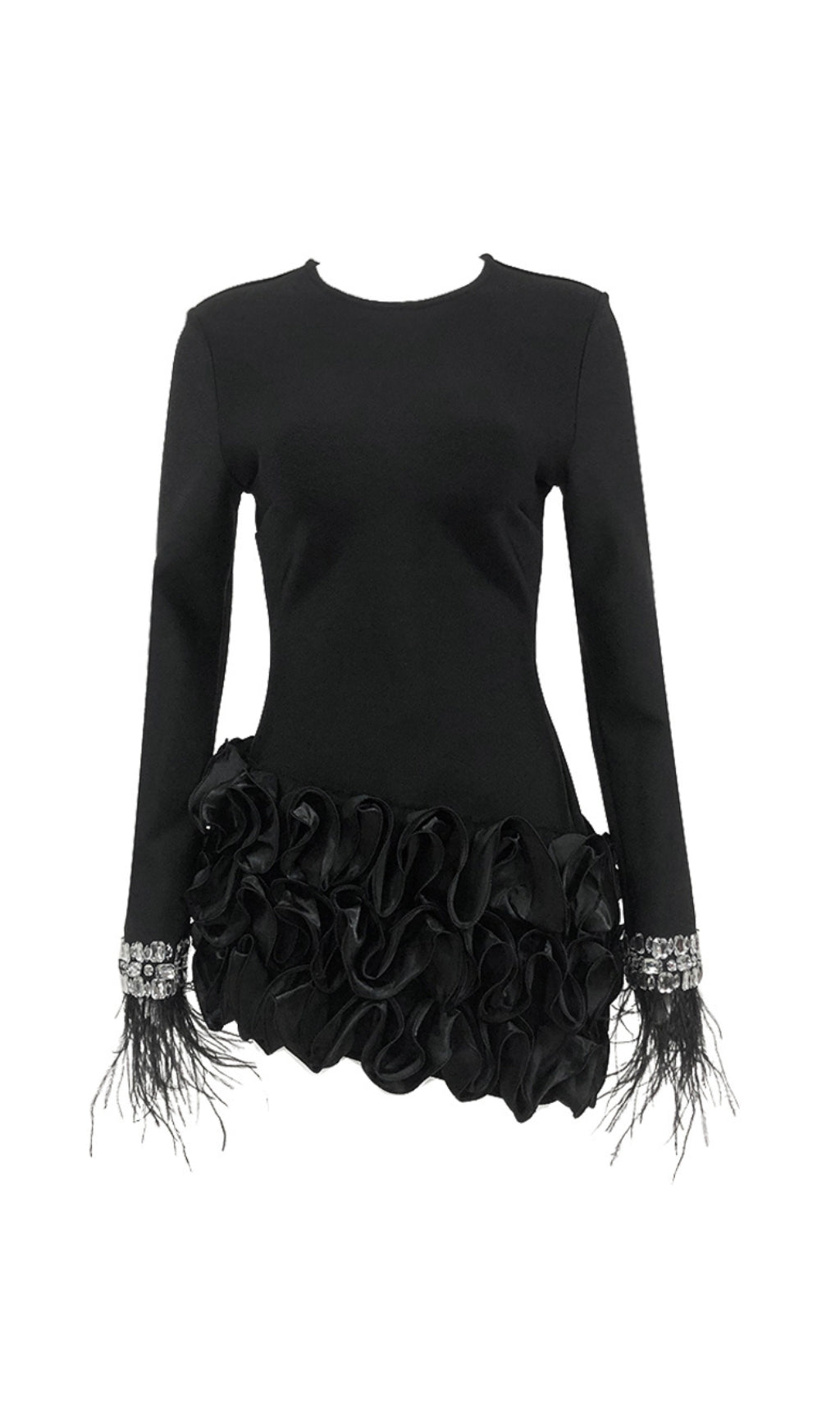 Cardea Black Crystal Feather Ruffle Mini Dress