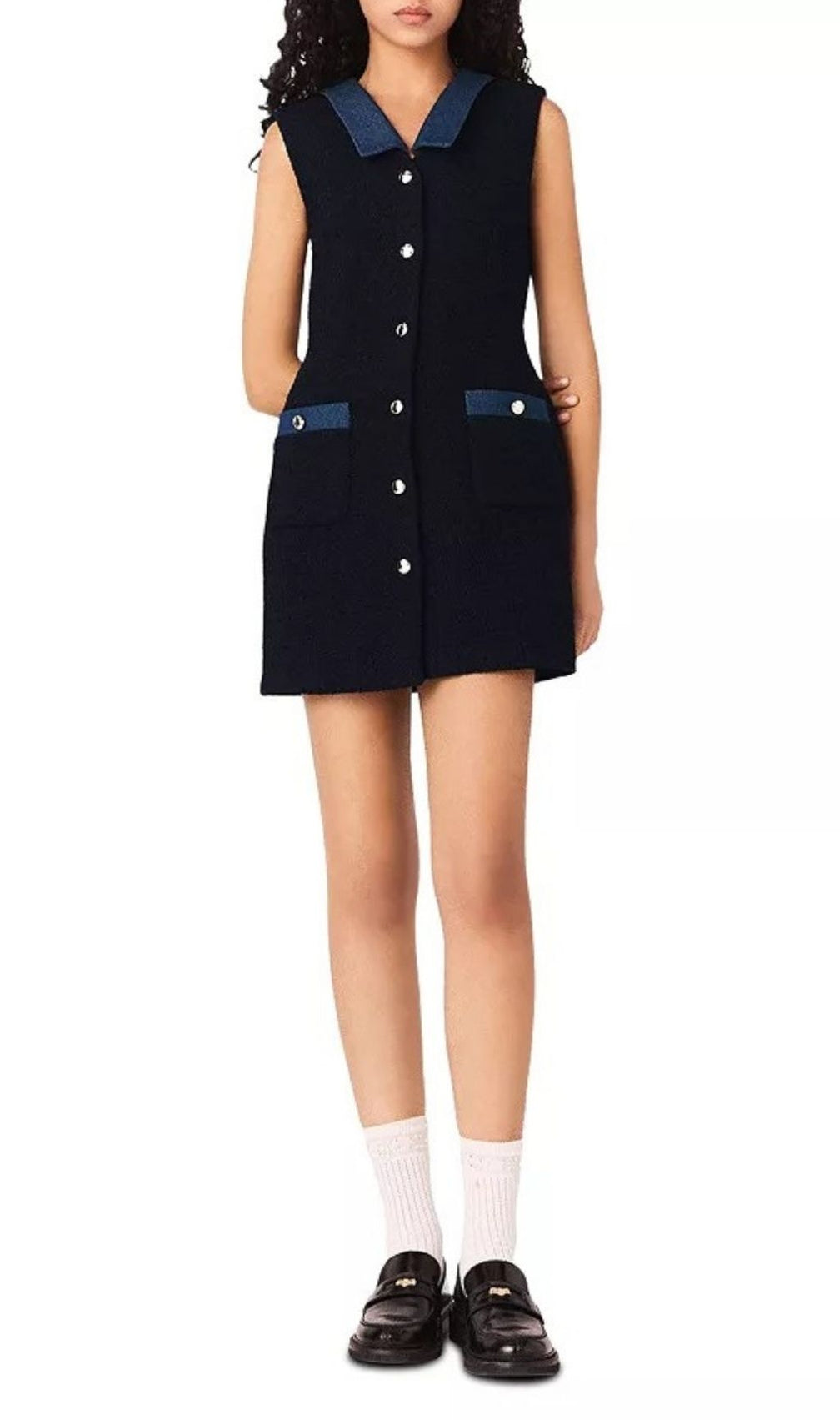 Chic Denim Collar Sleeveless Mini Dress - Gold Button A-Line Style