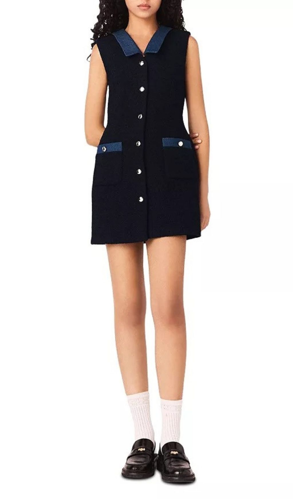 Chic Denim Collar Sleeveless Mini Dress - Gold Button A-Line Style