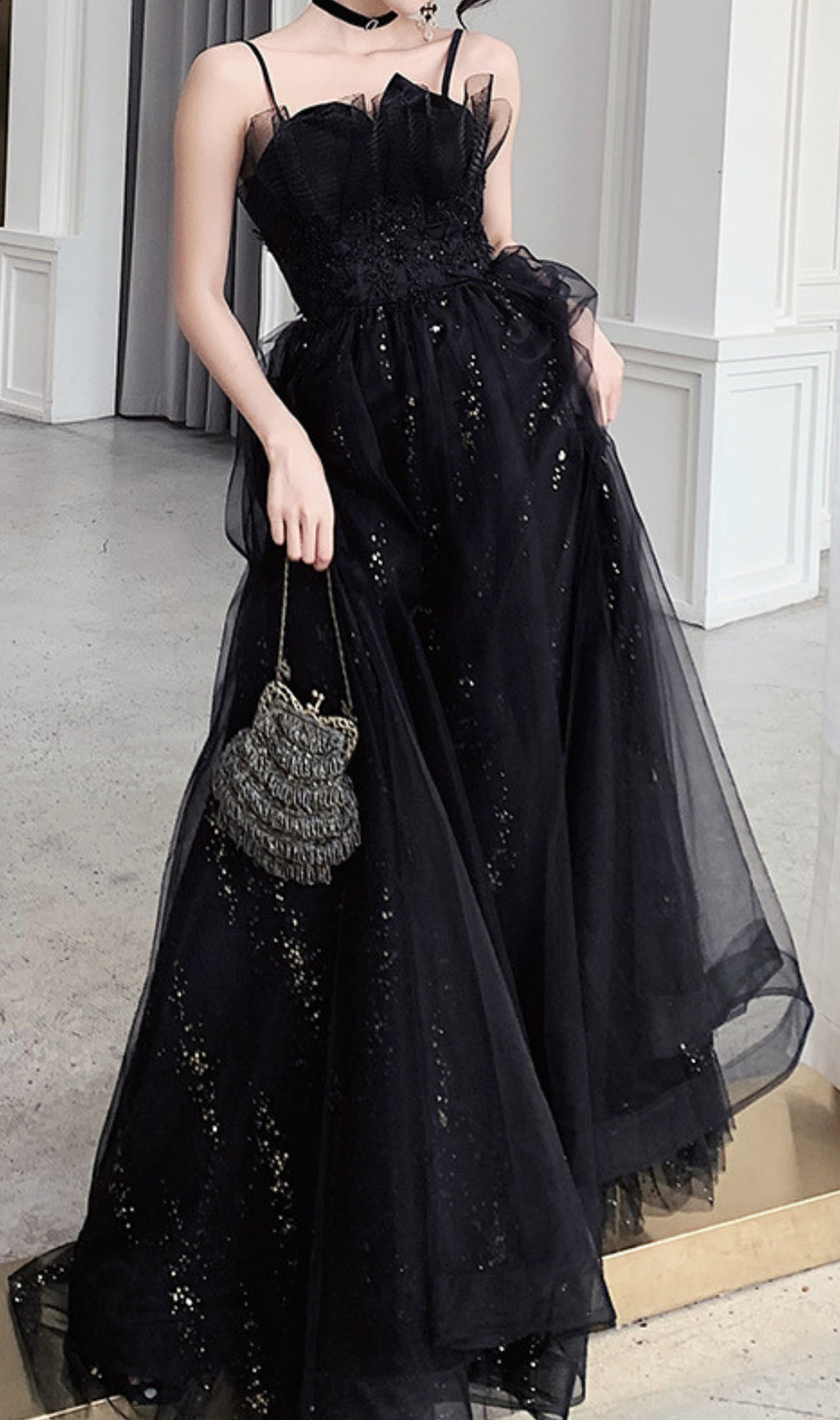 Chiye Black Strappy Mesh Maxi Dress